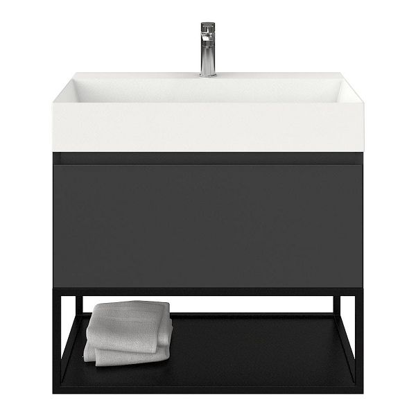 Domburg badmeubel 80 cm antraciet mat met keramische Marken wastafel wit mat, 1 kraangat, mat zwart metalen frame
