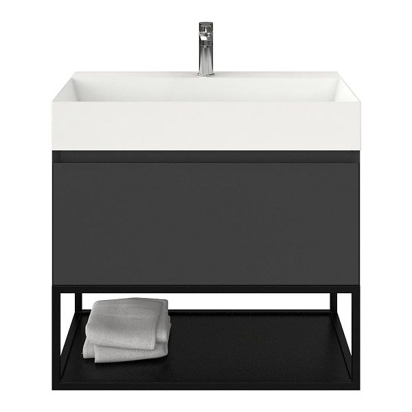 Domburg badmeubel 80 cm antraciet mat met keramische Marken wastafel wit glans, 1 kraangat, mat zwart metalen frame