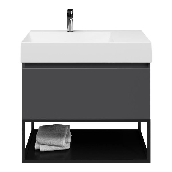 Domburg badmeubel 80 cm antraciet mat met keramische Marken wastafel links wit glans, 1 kraangat, mat zwart metalen frame