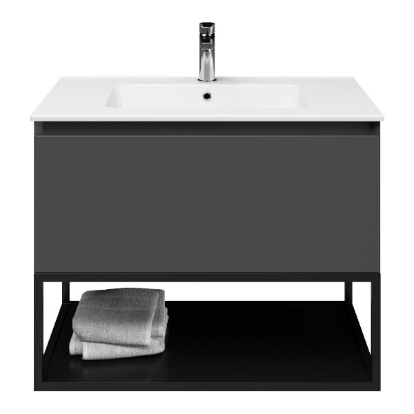 Domburg badmeubel 80 cm antraciet mat met keramische Quadra wastafel wit glans, mat zwart metalen frame