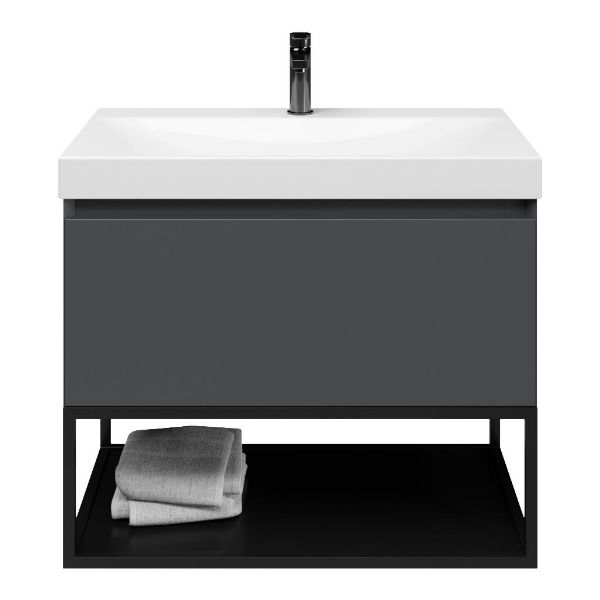 Domburg badmeubel 80 cm antraciet mat met keramische Rockanje wastafel wit glans, 1 kraangat, mat zwart metalen frame