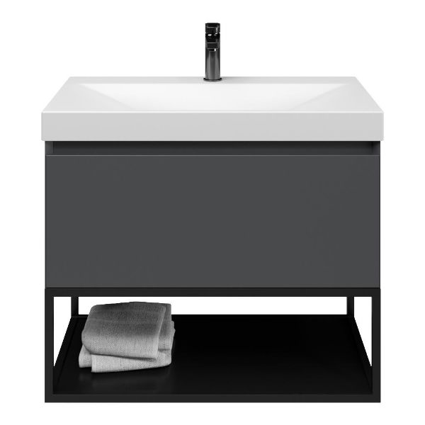 Domburg badmeubel 80 cm antraciet mat met keramische Rockanje wastafel wit mat, 1 kraangat, mat zwart metalen frame