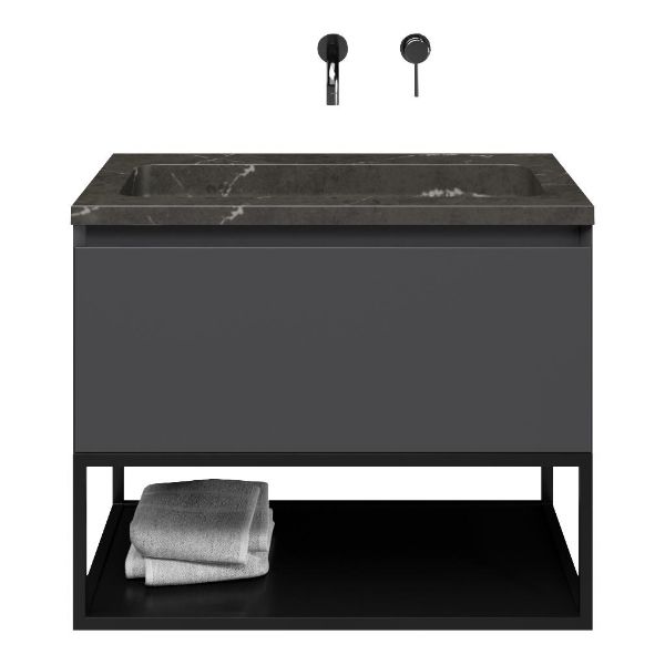 Domburg badmeubel 80 cm antraciet mat met natuurstenen Square wastafel blue stone, mat zwart metalen frame