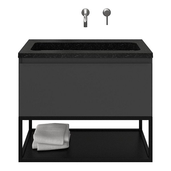 Domburg badmeubel 80 cm antraciet mat met natuurstenen Square wastafel shanxi black, mat zwart metalen frame