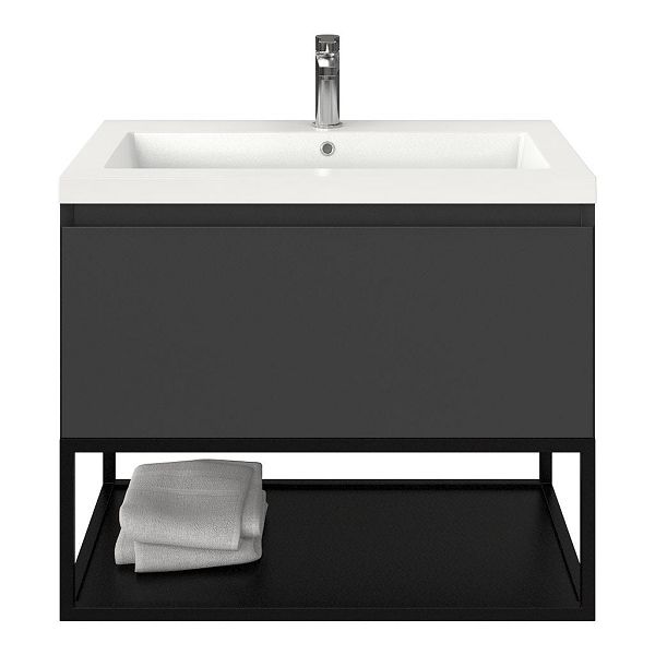 Domburg badmeubel 80 cm antraciet mat met polystone Cadzand wastafel wit glans, 1 kraangat, mat zwart metalen frame, 66 cm hoog