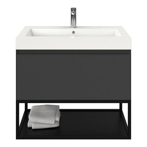 Domburg badmeubel 80 cm antraciet mat met polystone Cadzand wastafel wit glans, 1 kraangat, mat zwart metalen frame, 70 cm hoog