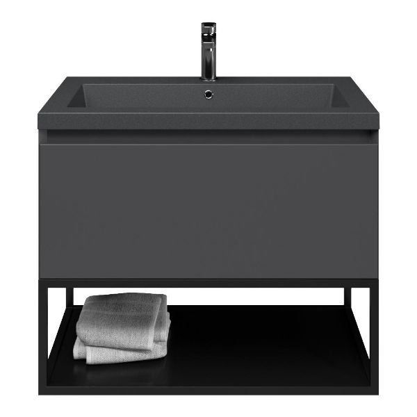 Domburg badmeubel 80 cm antraciet mat met polystone Cadzand wastafel grijs mat, mat zwart metalen frame