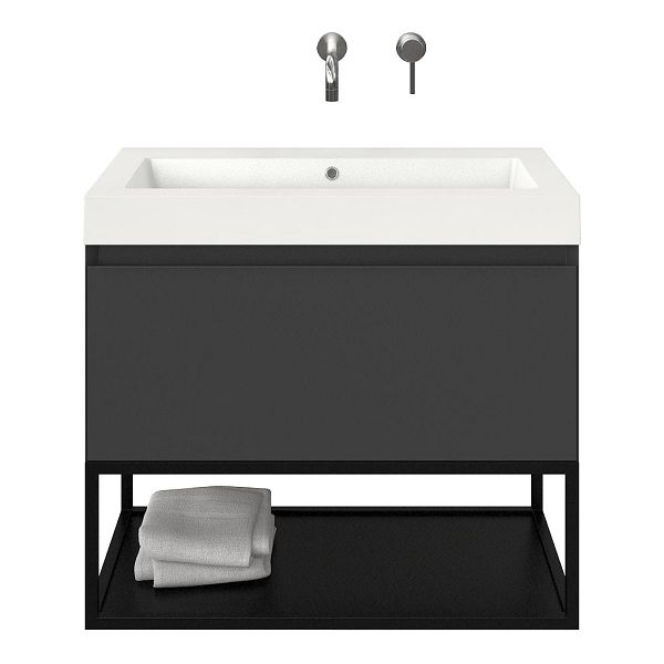 Domburg badmeubel 80 cm antraciet mat met polystone Cadzand wastafel wit glans, zonder kraangat, mat zwart metalen frame, 70 cm hoog