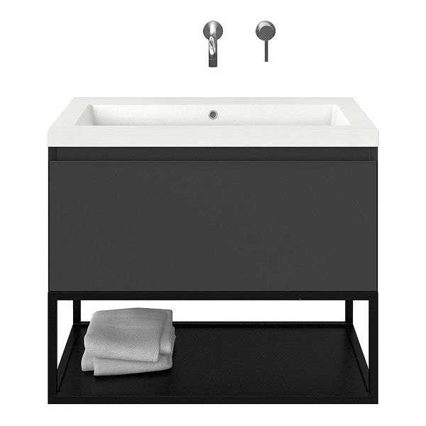 Domburg badmeubel 80 cm antraciet mat met polystone Cadzand wastafel wit glans, zonder kraangat, mat zwart metalen frame, 66 cm hoog