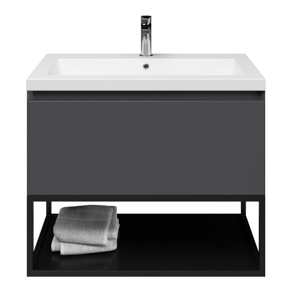 Domburg badmeubel 80 cm antraciet mat met polystone Cadzand wastafel wit mat, mat zwart metalen frame