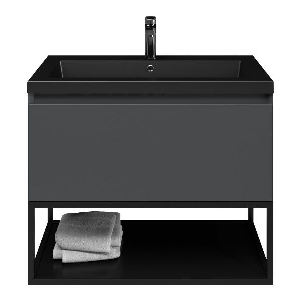 Domburg badmeubel 80 cm antraciet mat met polystone Cadzand wastafel zwart mat, 1 kraangat, mat zwart metalen frame