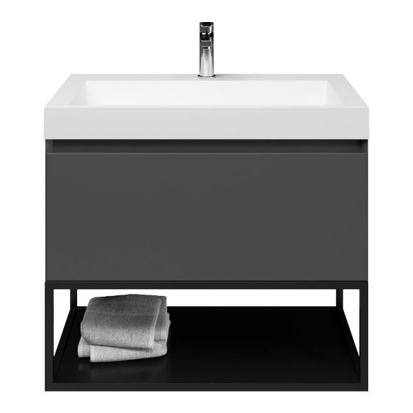 Domburg badmeubel 80 cm antraciet mat met polystone Haamstede wastafel wit mat, 1 kraangat, mat zwart metalen frame