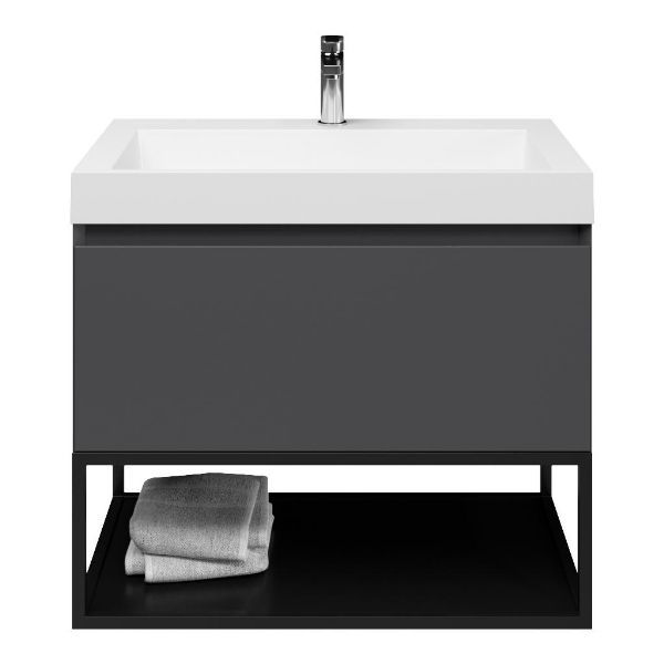 Domburg badmeubel 80 cm antraciet mat met polystone Haamstede wastafel wit glans, 1 kraangat, mat zwart metalen frame