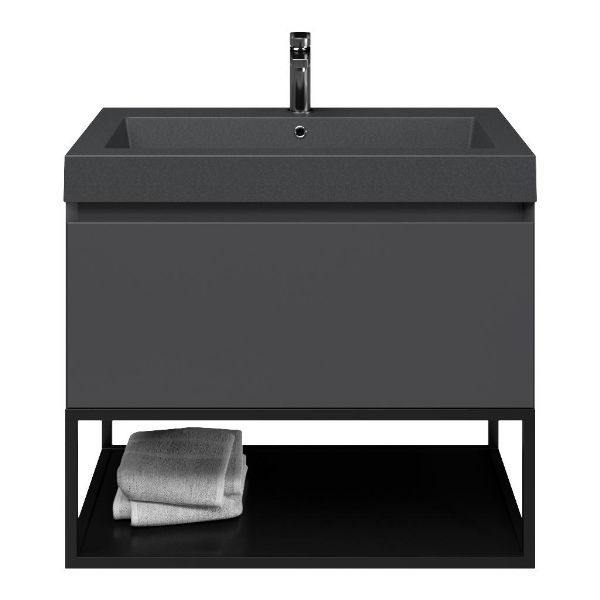 Domburg badmeubel 80 cm antraciet mat met quartz Cadzand-Q wastafel grijs mat, 1 kraangat, mat zwart metalen frame