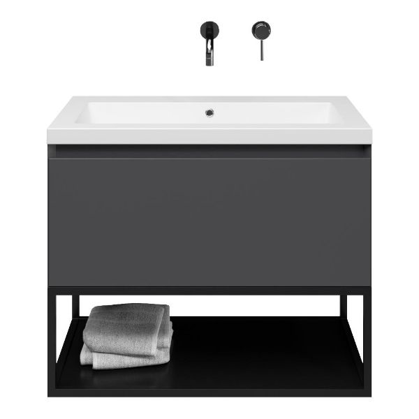 Domburg badmeubel 80 cm antraciet mat met quartz Cadzand-Q wastafel wit mat, mat zwart metalen frame