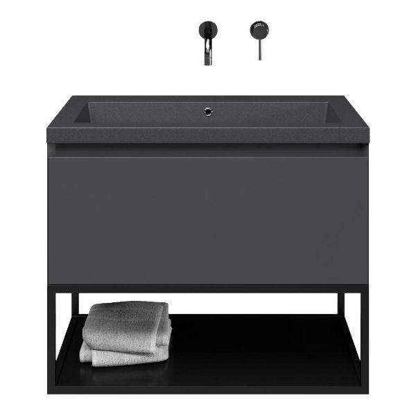 Domburg badmeubel 80 cm antraciet mat met quartz Cadzand-Q wastafel grijs mat, zonder kraangat, mat zwart metalen frame
