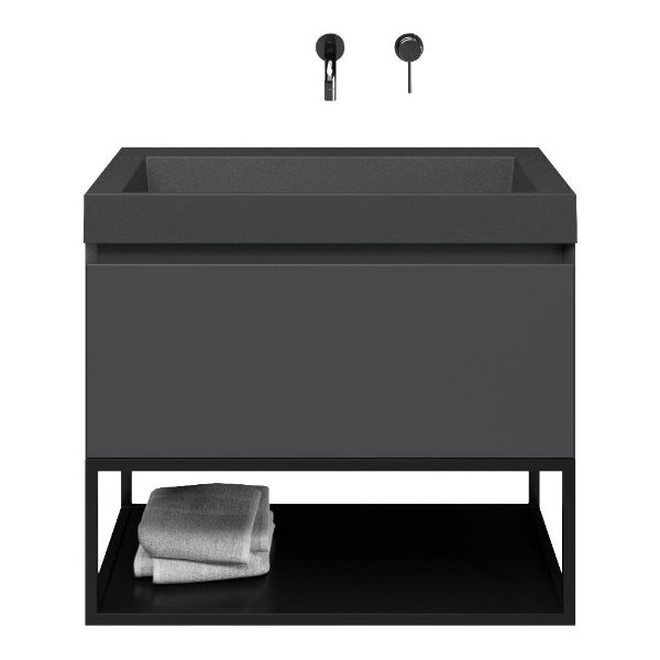Domburg badmeubel 80 cm antraciet mat met quartz Haamstede-q wastafel grijs mat, zonder kraangat, mat zwart metalen frame