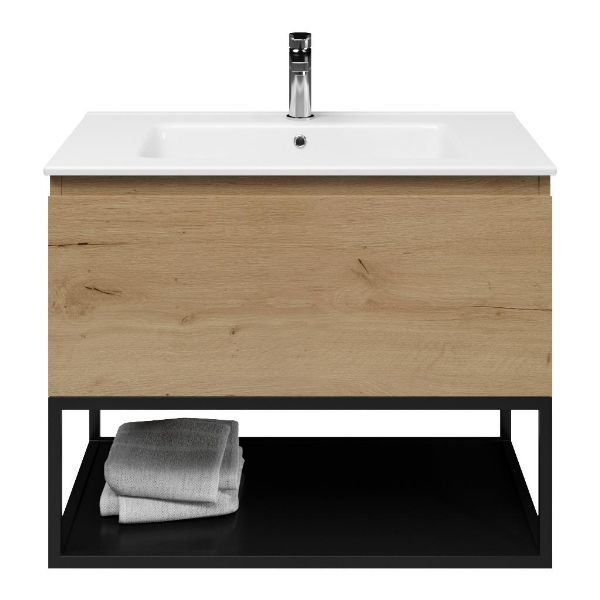Domburg badmeubel 80 cm eiken natuur met keramische Callantsoog wastafel wit glans, 1 kraangat