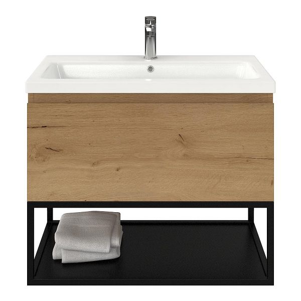 Domburg badmeubel 80 cm eiken natuur met keramische Dishoek wastafel wit glans, 1 kraangat