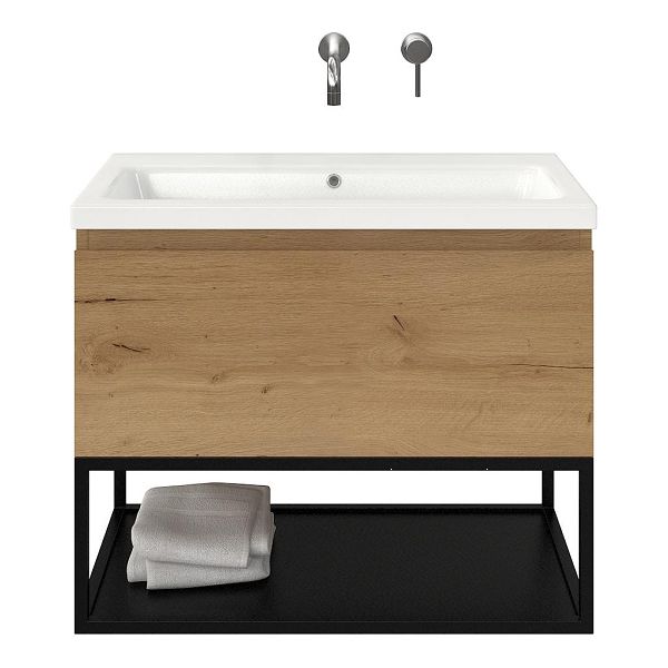 Domburg badmeubel 80 cm eiken natuur met keramische Dishoek wastafel wit glans, zonder kraangat