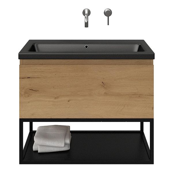 Domburg badmeubel 80 cm eiken natuur met keramische Dishoek wastafel zwart mat, zonder kraangat