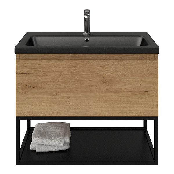 Domburg badmeubel 80 cm eiken natuur met keramische Dishoek wastafel zwart mat, 1 kraangat