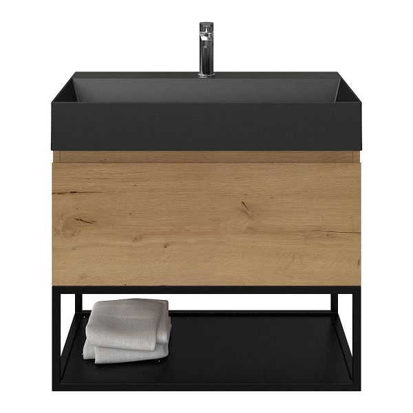 Domburg badmeubel 80 cm eiken natuur met keramische Marken wastafel zwart mat, 1 kraangat, mat zwart metalen frame