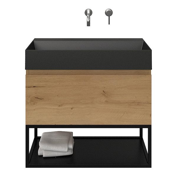 Domburg badmeubel 80 cm eiken natuur met keramische Marken wastafel zwart mat, zonder kraangat