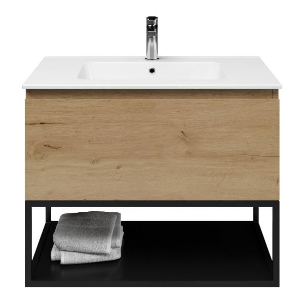 Domburg badmeubel 80 cm eiken natuur met keramische Quadra wastafel wit glans