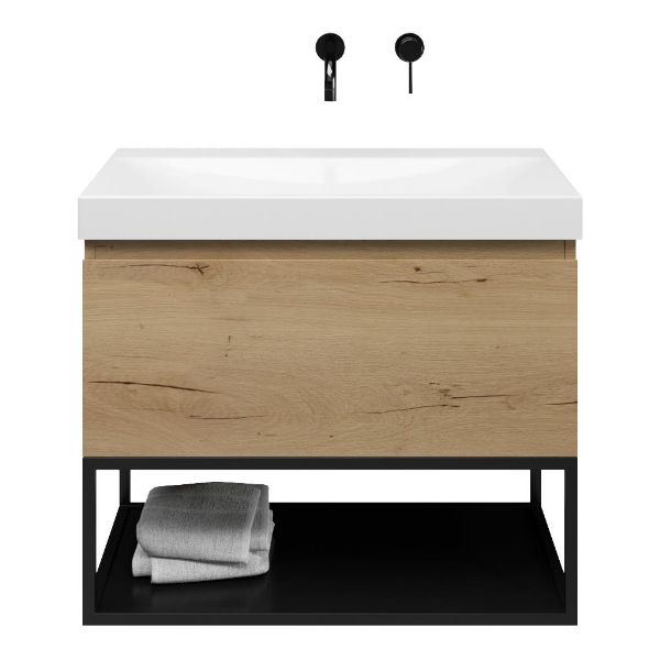 Domburg badmeubel 80 cm eiken natuur met keramische Rockanje wastafel wit glans, zonder kraangat
