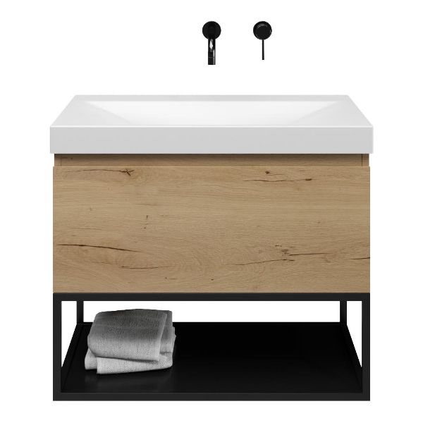 Domburg badmeubel 80 cm eiken natuur met keramische Rockanje wastafel wit mat, zonder kraangat