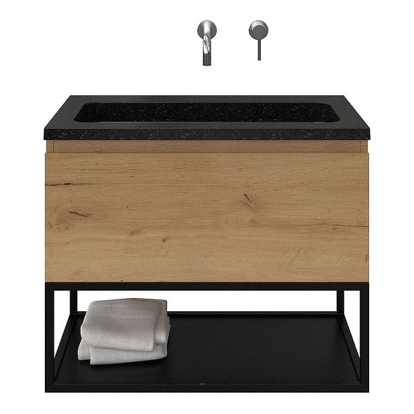 Domburg badmeubel 80 cm eiken natuur met natuurstenen Square wastafel shanxi black, mat zwart metalen frame