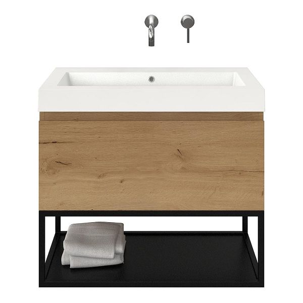 Domburg badmeubel 80 cm eiken natuur met polystone Cadzand wastafel wit glans, zonder kraangat, 70 cm hoog