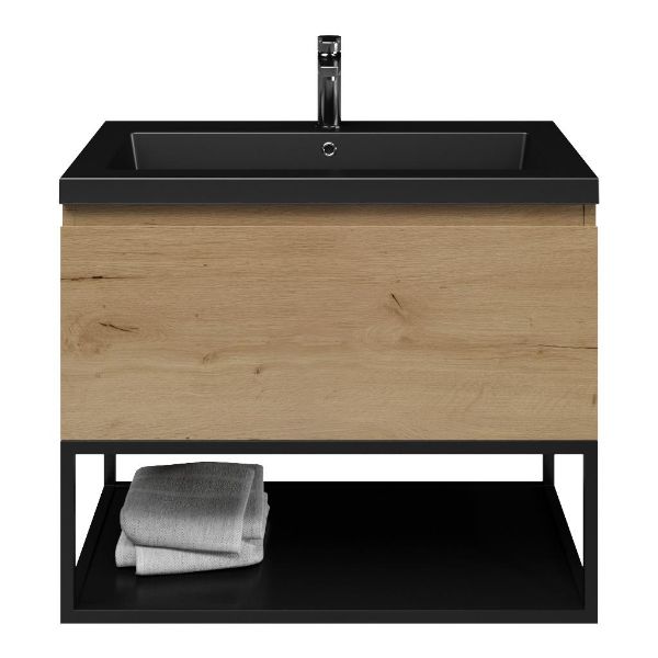 Domburg badmeubel 80 cm eiken natuur met polystone Cadzand wastafel zwart mat, 1 kraangat