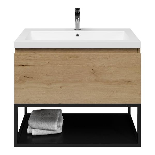 Domburg badmeubel 80 cm eiken natuur met polystone Cadzand wastafel wit mat, mat zwart metalen frame