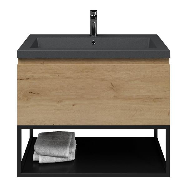 Domburg badmeubel 80 cm eiken natuur met polystone Cadzand wastafel grijs mat