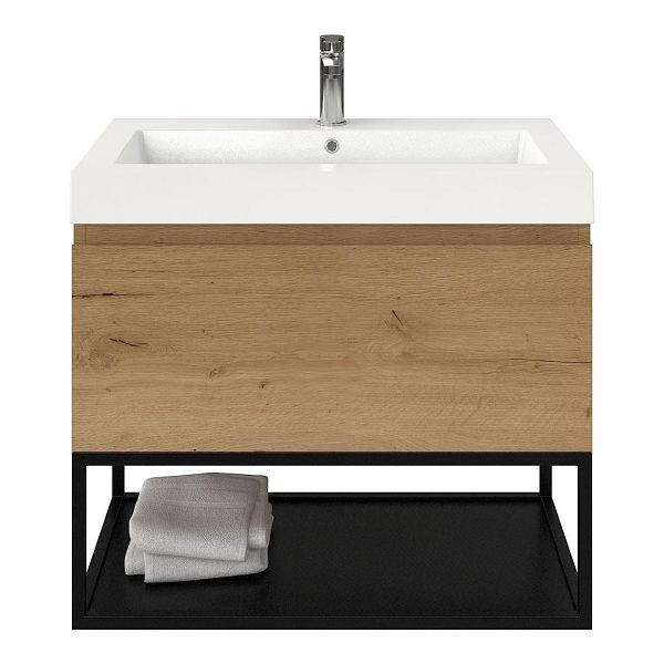 Domburg badmeubel 80 cm eiken natuur met polystone Cadzand wastafel wit glans, 1 kraangat, 70 cm hoog