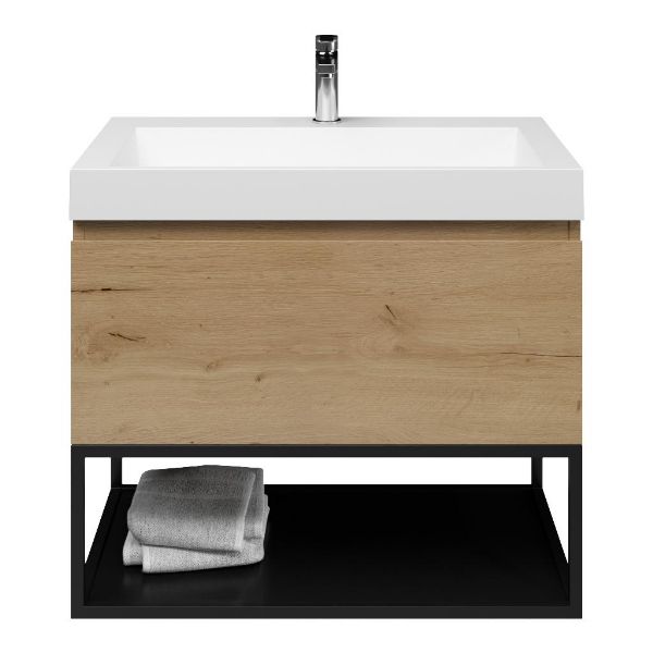 Domburg badmeubel 80 cm eiken natuur met polystone Haamstede wastafel wit mat, 1 kraangat, mat zwart metalen frame