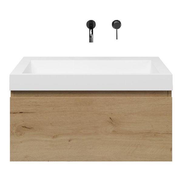 Domburg badmeubel 80 cm eiken natuur met polystone Haamstede wastafel wit glans, zonder kraangat