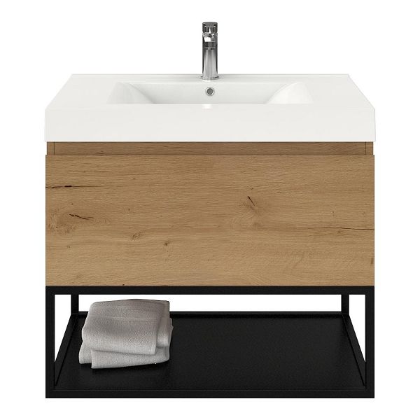 Domburg badmeubel 80 cm eiken natuur met polystone Wave wastafel wit glans, mat zwart metalen frame