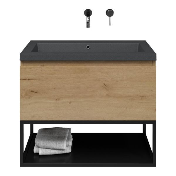 Domburg badmeubel 80 cm eiken natuur met quartz Cadzand-Q wastafel grijs mat, zonder kraangat