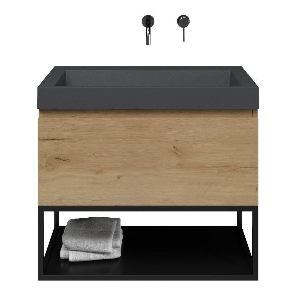Domburg badmeubel 80 cm eiken natuur met quartz Haamstede-q wastafel grijs mat, zonder kraangat