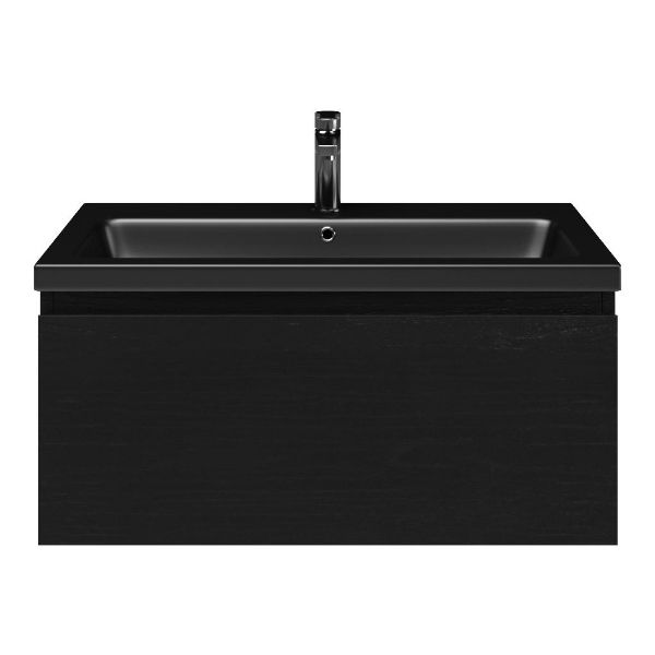 Domburg badmeubel 80 cm mat zwart eiken met keramische Dishoek wastafel zwart mat, 1 kraangat
