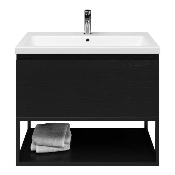 Domburg badmeubel 80 cm mat zwart eiken met keramische Dishoek wastafel wit mat, 1 kraangat, mat zwart metalen frame