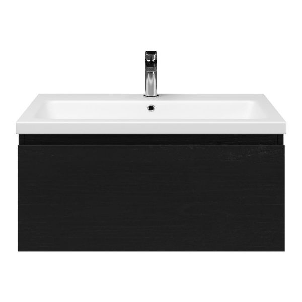 Domburg badmeubel 80 cm mat zwart eiken met keramische Dishoek wastafel wit mat, 1 kraangat