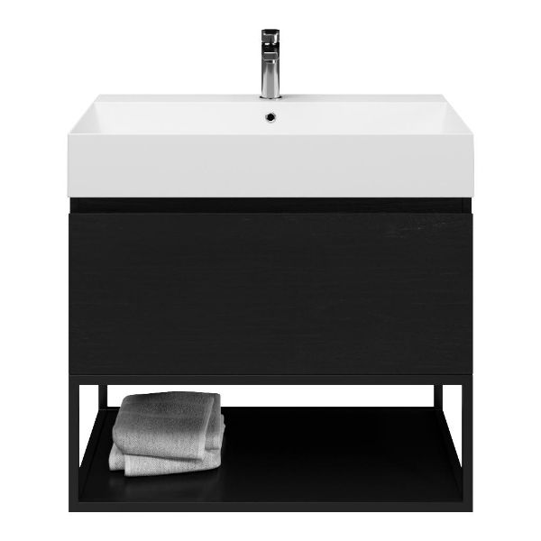 Domburg badmeubel 80 cm mat zwart eiken met keramische Marken wastafel wit glans, 1 kraangat, mat zwart metalen frame