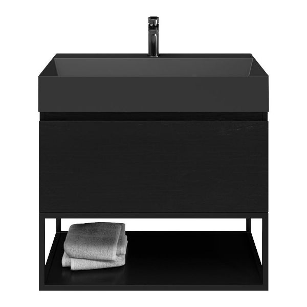 Domburg badmeubel 80 cm mat zwart eiken met keramische Marken wastafel zwart mat, 1 kraangat, mat zwart metalen frame