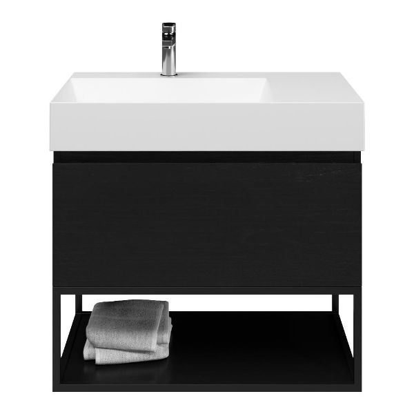 Domburg badmeubel 80 cm mat zwart eiken met keramische Marken wastafel links wit mat, 1 kraangat, mat zwart metalen frame