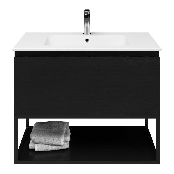 Domburg badmeubel 80 cm mat zwart eiken met keramische Quadra wastafel wit glans, mat zwart metalen frame