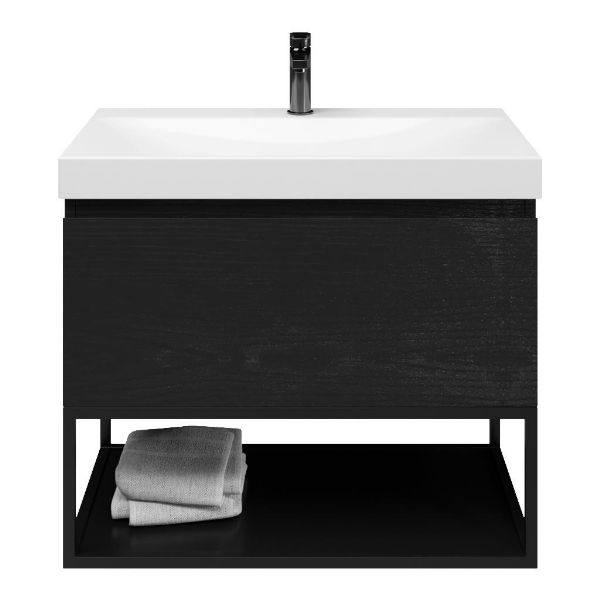 Domburg badmeubel 80 cm mat zwart eiken met keramische Rockanje wastafel wit glans, 1 kraangat, mat zwart metalen frame